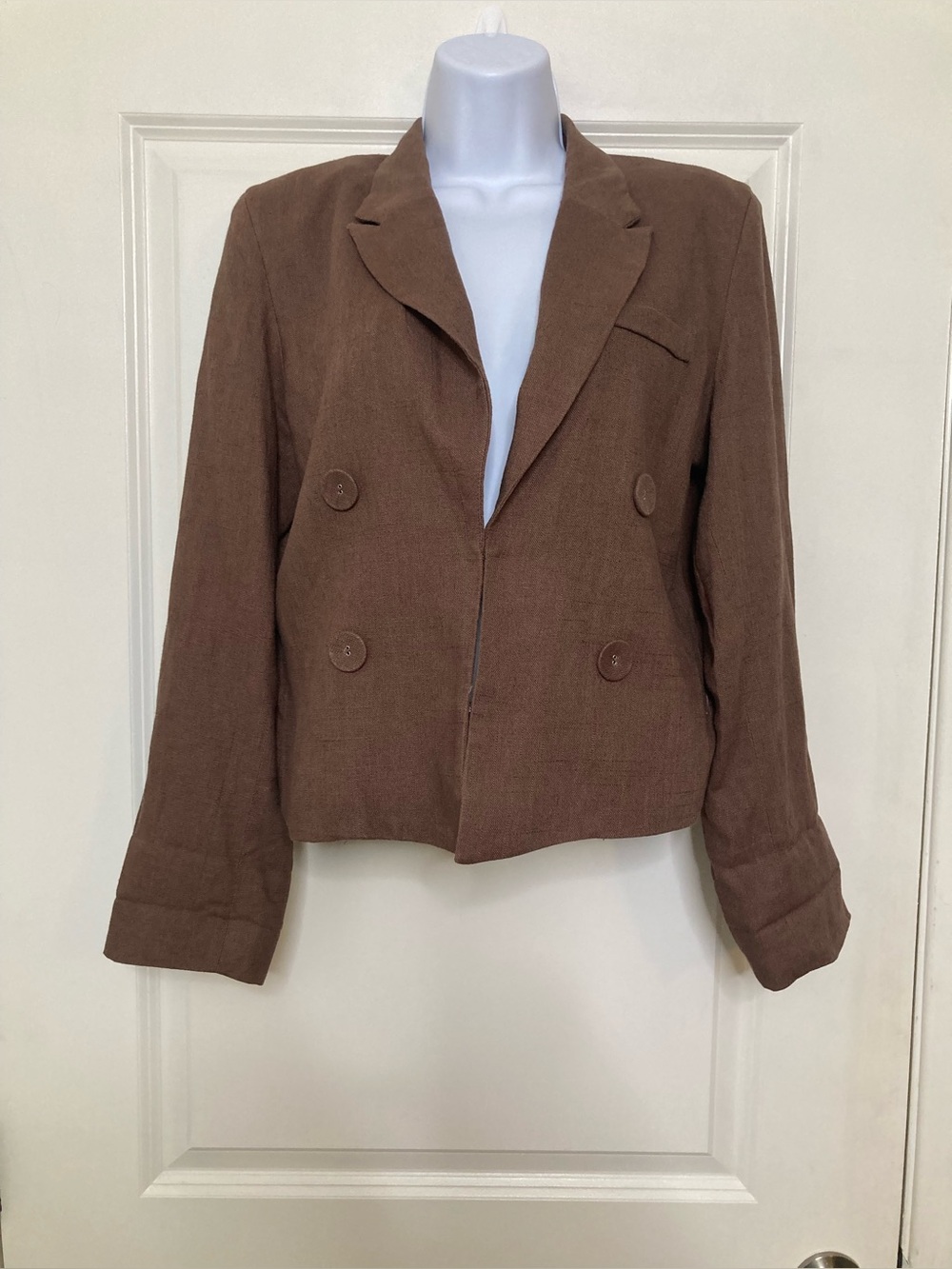Heartloom Brown Cropped Double-Breasted Blazer Linen Blend Size M